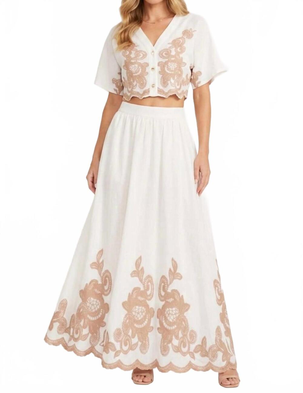 NEW CHICWAYS embroidered two-piece maxi skirt set in khaki
